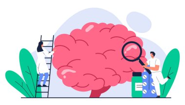 Sinir sistemi konsepti. Doktorlar insan beyin organlarını kontrol ediyor. Nöroloji hastalığı, sağlık, tedavi. Çizgi film tarzında izole vektör illüstrasyonu