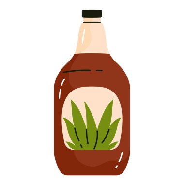 Yeşil agave bitkisi etiketli Agave şurubu şişesi. Doğal organik tatlandırıcı. Sağlıklı şeker yerine. Vejetaryen ve glütensiz ürün. Çizgi film tarzında vektör illüstrasyonu. Beyazda izole edilmiş.
