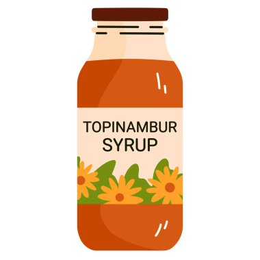 Çiçek etiketli bir şişede Topinambur şurubu. Topinambur kökünden yapılan doğal tatlandırıcı. Sağlıklı şeker yerine. Çizgi film tarzında vektör illüstrasyonu. Beyaz arkaplanda izole