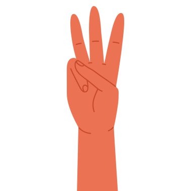 İnsan eli üç numarayı gösteriyor, üç parmak havada. Parmak sayma. Matematik ve eğitim. İşaret dili ya da sayma kavramı. Çizgi film tarzında vektör illüstrasyonu. Beyazda izole edilmiş