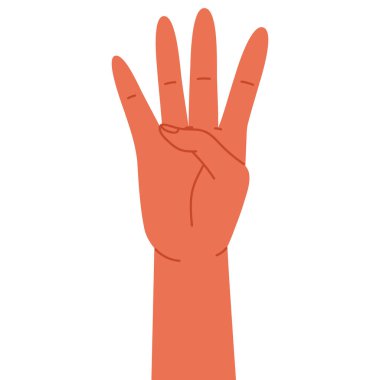 İnsan eli dört numarayı gösteriyor, dört parmak havada. Parmak sayma. Matematik ve eğitim. İşaret dili ya da sayma kavramı. Çizgi film tarzında vektör illüstrasyonu. Beyazda izole edilmiş