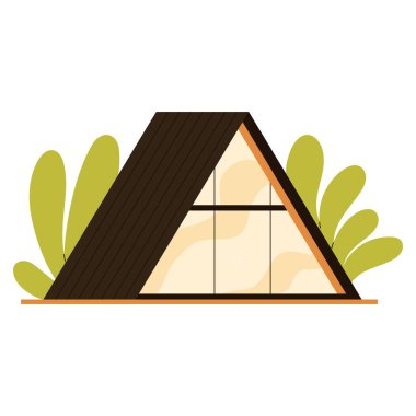 Camdan önü ve koyu ahşap kaplamalı modern A çerçeveli ev. Küçük bir çevre dostu kulübe. Doğadaki rahat modüler ev. Sürdürülebilir mimari konsepti. Temiz çizgi film tarzında düz vektör illüstrasyonu