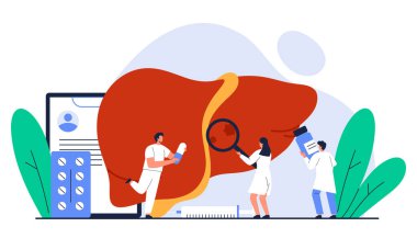 Hepatit A, B, C, D konsepti. Hepatolog doktorlar insan karaciğer organını kontrol edip tedavi ederler. Karaciğer hastalığı, sağlık, tedavi. Çizgi film tarzında izole vektör illüstrasyonu