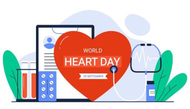 Dünya Kalp Günü. 29 Eylül. Kardiyoloji. Steteskoplu insan kalp organı. Kardiyovasküler hastalık, sağlık, tedavi. Çizgi filmdeki izole vektör çizimi