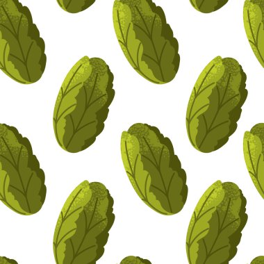 Yeşil marul yapraklarının kusursuz deseni. Romaine marulu. Sağlıklı sebze. Salatalar için taze organik yiyecekler. Çizgi film tarzında vektör illüstrasyonu. Beyaz arkaplanda izole