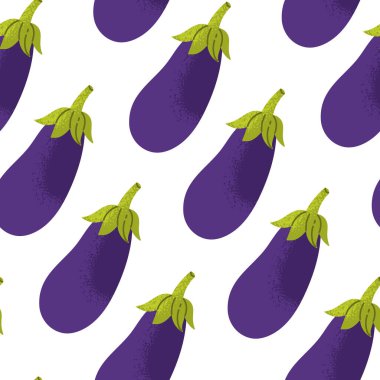 Kusursuz patlıcan deseni. Patlıcan. Sağlıklı sebze baskısı. Taze organik gıda. Çizgi film tarzında vektör illüstrasyonu. Duvar kağıdı için beyaz arkaplanda izole