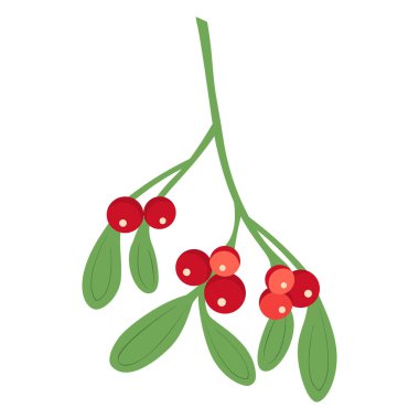 Böğürtlenli ve kırmızı kurdeleli ökseotu dalı. Bir buket Noel. Vektör illüstrasyonu