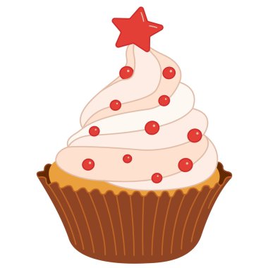 Narin kremalı Noel çikolatalı pasta. Cupcake yassı ikonu. Lezzetli doğum günü keki ve düğün keki vektörü beyaz arka planda izole edilmiş.. 