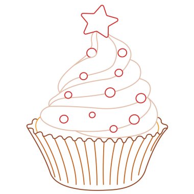 Narin kremalı Noel çikolatalı pasta. Cupcake yassı ikonu. Lezzetli doğum günü keki ve beyaz arka planda izole edilmiş düğün keki vektörü. satır sanatı