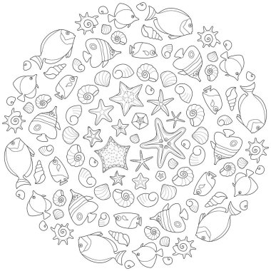 Deniz yıldızı ve deniz yıldızlı mandala. Çocuklar ve yetişkinler için stres önleyici boya sayfası. Deniz kabukları, denizyıldızı, okyanus. Küçük detayları olan güzel bir çizim. Boyama kitabı. Vektör illüstrasyonu. 