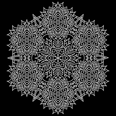 Mandala çizgisi çizimleri siyah arka planda. Çocuklar ve yetişkinler için boyama sayfası. Rahatlama ve meditasyon için desenler. Vektör illüstrasyonu