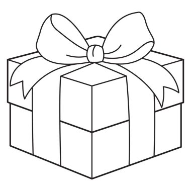 Kurdeleli bir hediye kutusu var. Doğum günü, yeni yıl, Noel, düğün için karalama ikonları. Minimalizm tasarımında kutlama konsepti. Boyama sayfası. Siyah ve Beyaz Vektör illüstrasyonu