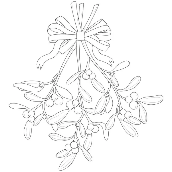 Beyaz arka planda izole edilmiş Noel geleneksel ökseotu, kış tatili tasarımı için bitki çizimi. Siyah ve Beyaz Vektör illüstrasyonu