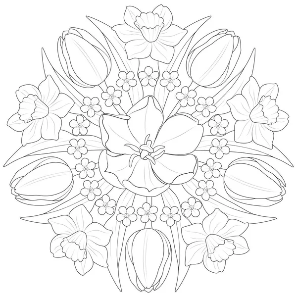 Mandala of spring flowers. Tulips, daffodils and forgetmenots in black and white. Round pattern Coloring page for kids and adults. Vector illustration