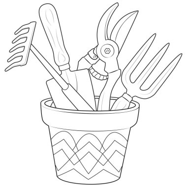 Gardening tools in a pot outline icons. Black and white Engraved vector of various tools, shovel, rake, pruner. Coloring page for kids and adults. Vector illustration
