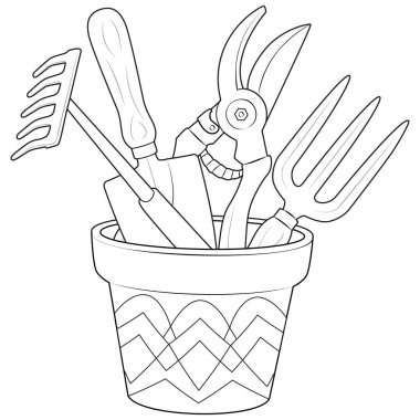 Gardening tools in a pot outline icons. Black and white Engraved vector of various tools, shovel, rake, pruner. Coloring page for kids and adults. Vector illustration clipart