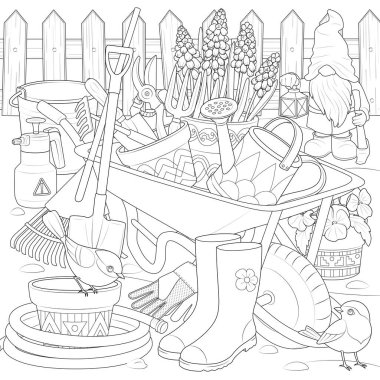 Spring garden with gnome and bird outline Black and white. Engraved vector of garden wheelbarrow, various tools, shovel, rake, pruner. Coloring page for kids and adults. Vector illustration