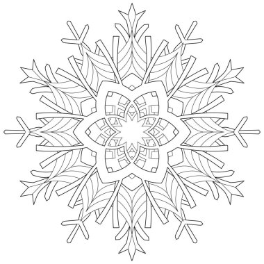 Soyut mandala kar tanesi çizgisi sanat tasarımı siyah ve beyaz. Rahatlama ve meditasyon için boyama sayfası. Vektör illüstrasyonu