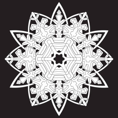 Kara Arkaplan 'da soyut mandala kar tanesi çizgisi tasarımı. Rahatlama ve meditasyon için boyama sayfası. Vektör illüstrasyonu