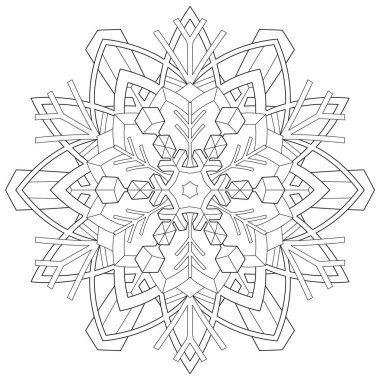 Soyut mandala kar tanesi çizgisi sanat tasarımı siyah ve beyaz. Rahatlama ve meditasyon için boyama sayfası. Vektör illüstrasyonu