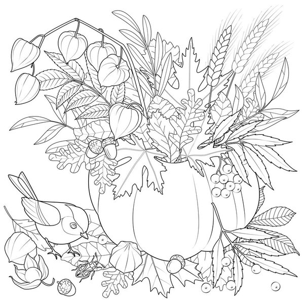 Bouquet of autumn leaves in a pumpkin. Bird and autumn leaves. black and white vector illustration. Coloring page for kids and adults.