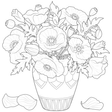 Poppy flowers in a vase. Art therapy Coloring page for kids and adults. Black and white Vector illustration isolated on White Background. clipart