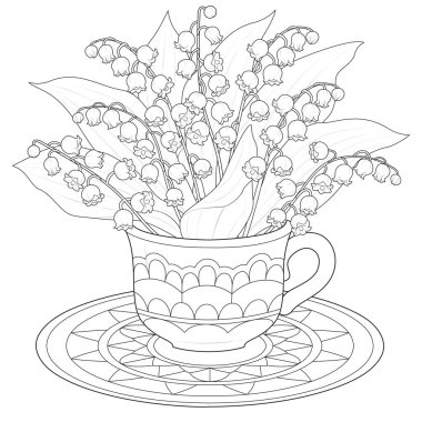 Bouquet of lilies of the valley in a cup vector. Black and white. Art therapy Coloring page. Vector illustration clipart