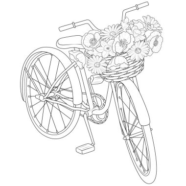 Bicycle with a basket of flowers black and white illustration for coloring. Black and white. Art therapy Coloring page. Vector illustration