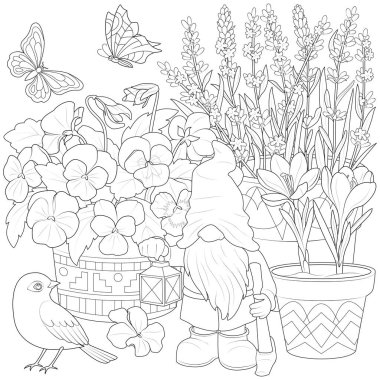 Garden gnome with bird and flowers. Art therapy Coloring page for kids and adults. Black and white isolated on White Background.Vector illustration clipart