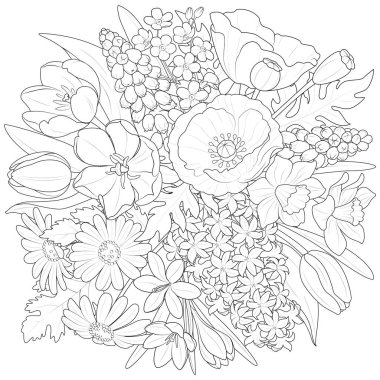 Siyah çizgili basit bir el çizimi vektör çizimi. Beyaz arka planda izole edilmiş bir buket kır çiçeği. Kartpostal baskısı için. Hediye, doğum günü, 8 Mart. Sanat terapisi. Vektör illüstrasyonu