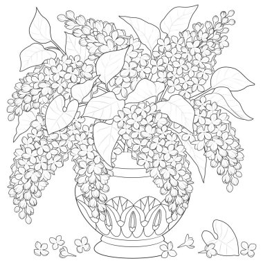 Bouquet of lilacs in a vase with an ornament. Black and white. Art therapy Coloring page. Vector illustration clipart