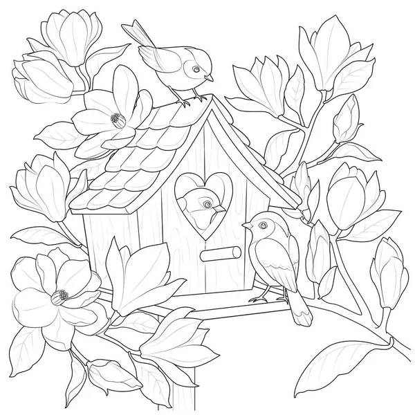 Birds Birdhouse Magnolia Branch Black White Art Therapy Coloring Page — ストックベクタ