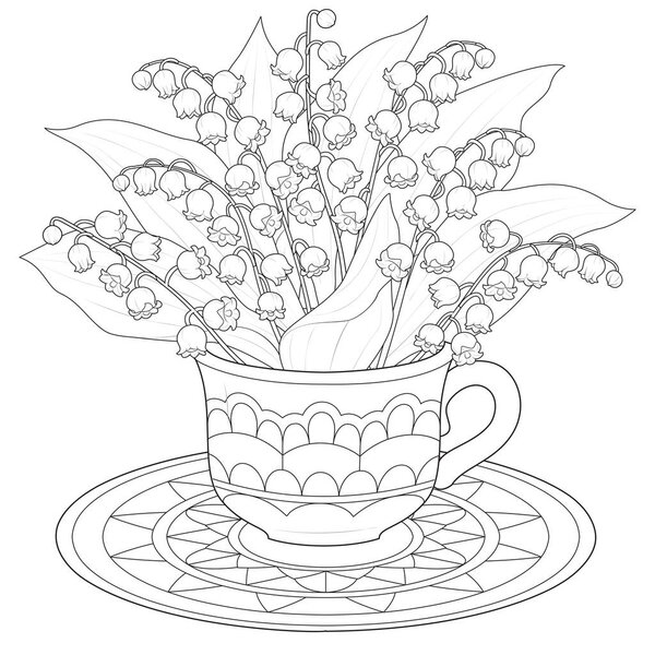 Bouquet of lilies of the valley in a cup vector. Black and white. Art therapy Coloring page. Vector illustration