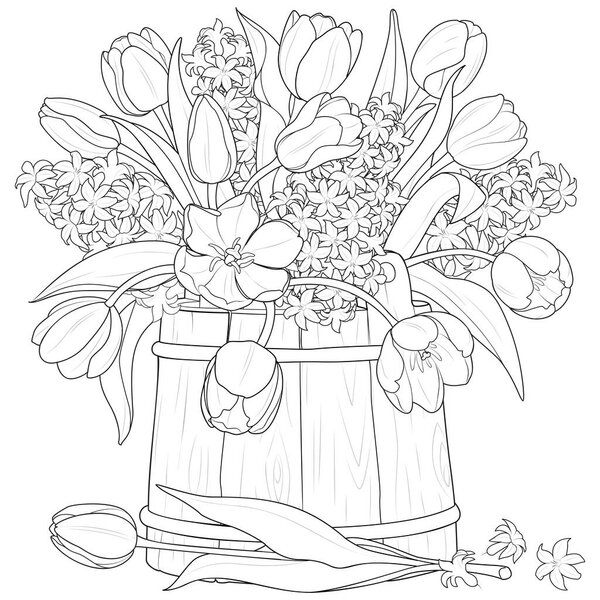 Bouquet of tulips and hyacinths in a wooden bucket vector illustration. Black and white. Art therapy Coloring page. Vector illustration