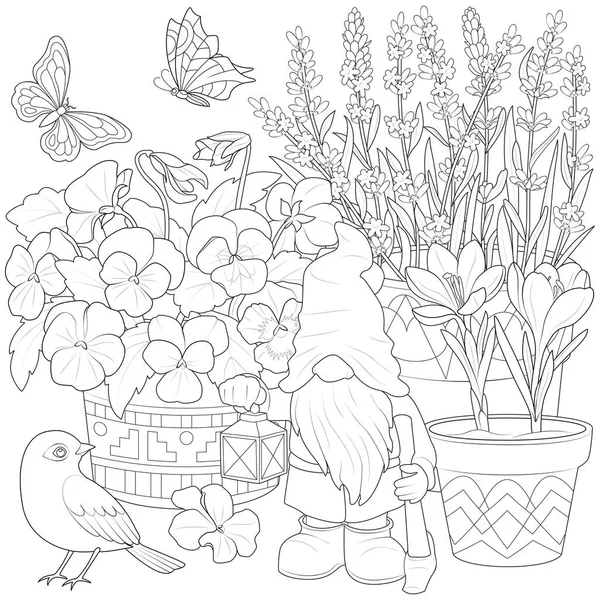 Gnome Jardim Com Pássaro Flores Art Therapy Desenho Para Crianças — Vetor de Stock