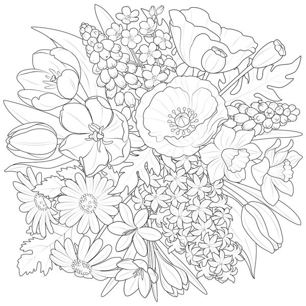 Simple hand drawn vector drawing in black outline. Bouquet of wildflowers isolated on a white background. For prints of postcards. Gift, birthday, March 8. Art therapy. Vector illustration