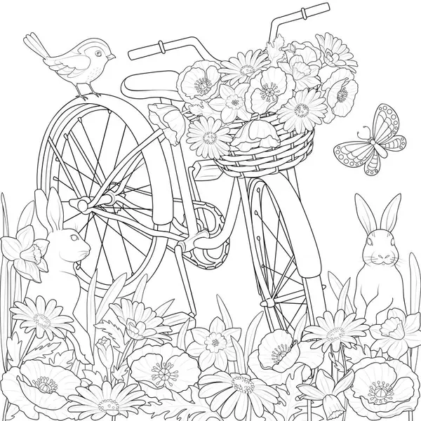 Einer Blühenden Wiese Mit Kaninchen Schwarz Weiß Illustration Zum Ausmalen — Stockvektor