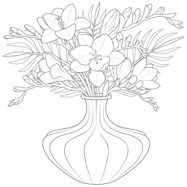 Vase Freesia Flowers Vector Bouquet Vase Coloring Page Kids Adults — Stock Vector
