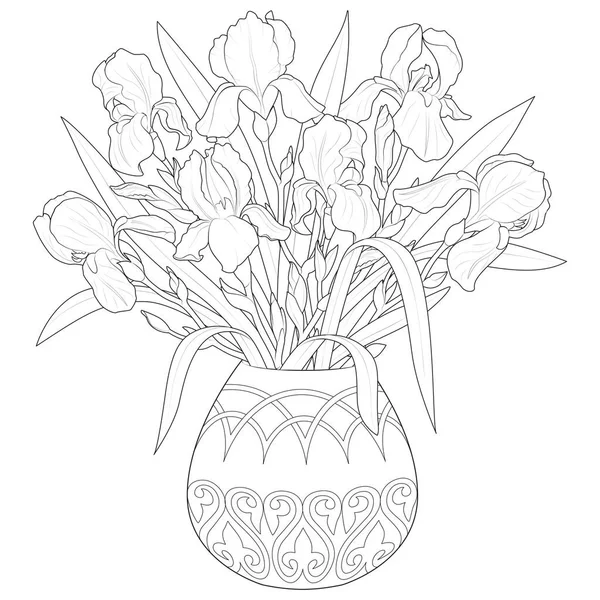 stock vector Vase with irises black and white Coloring page for kids and adults. Irises, spring flowers. Bouquet in a vase. Vector illustration