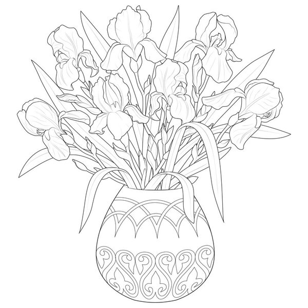 Vase with irises black and white Coloring page for kids and adults. Irises, spring flowers. Bouquet in a vase. Vector illustration