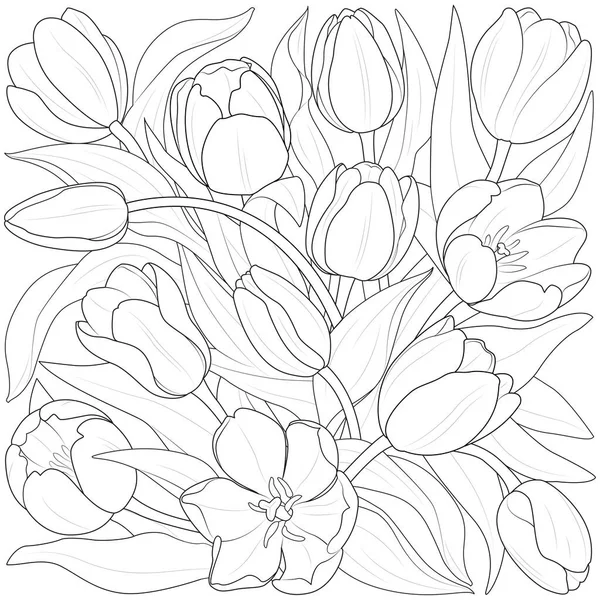Tulips botanical background. vintage boho style for Coloring page, wall art, fabric, wedding invitation, cover design Black and white. Floral line art. Vector illustration.