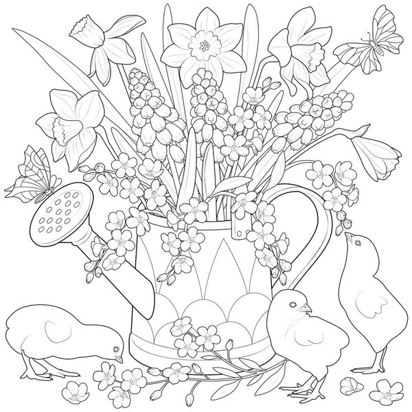 Watering can with flowers and chickens black and white vector illustration. Black and white. Art therapy Coloring page for kids and adults.