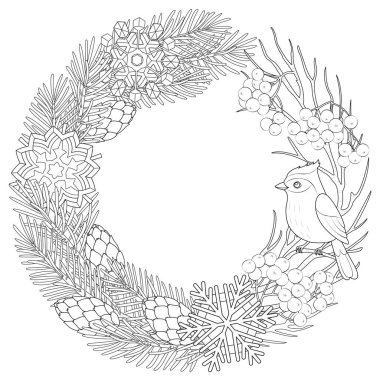 Kuşlu ve kar taneli Noel çelengi. Firavun, kış tatili dekorasyonu için Xmas dekoru ile daireler çiziyor. Siyah ve beyaz. Beyaz arkaplanda izole edilmiş renklendirme sayfası çizimleri. 