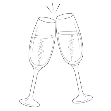 Şampanyalı dersler, şenlikli düz tasarım şerefe. Siyah ve beyaz. Çizgi çalışması. Vektör illüstrasyonu
