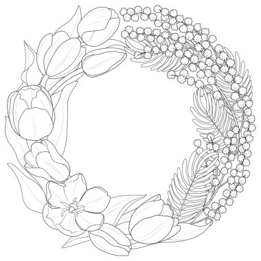 Çiçekli bahar çelengi. Çiçekli, dallı ve yapraklı el çizimi çiçek çerçevesi. Zarif çelenk şablonu. Renk sayfası için siyah-beyaz etiketler, düğün davetiyesi. Vektör illüstrasyonu