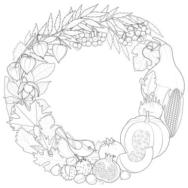Sonbahar çelenkleri, balkabakları, sonbahar yaprakları, meyveler ve sebzeler ve rowanberry ile dekoratif sınır. Siyah ve beyaz. Sanat terapisi boyama sayfası. Vektör illüstrasyonu