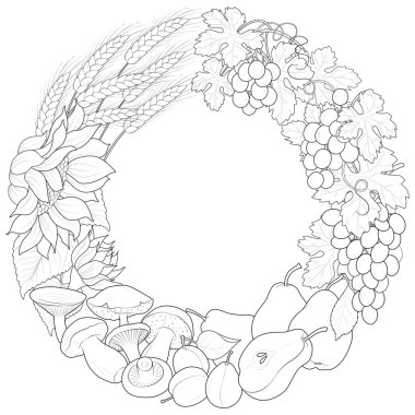 Sonbahar çelengi, ayçiçekleri, armutlar ve mantarlarla süslenmiş. Siyah ve beyaz. Sanat terapisi boyama sayfası. Vektör illüstrasyonu