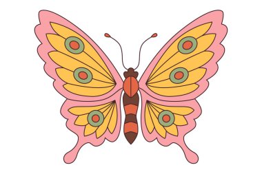 Havalı kelebek çıkartması. 60 'ların hippisi 70' lerin tarzında. Çiçekli romantik tabela modası geçmiş moda. Sarı, pembe yeşil renkler.