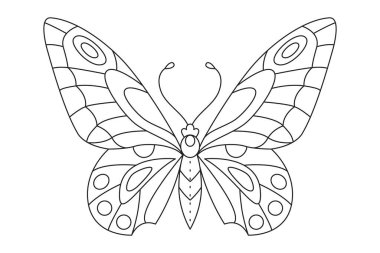 Kelebek siyah beyaz logo izole edildi. Kelebek çizimi. Beyaz arka planda izole edilmiş güzel böcekler. Bahar mevsimleri kelebeği. tasarım elemanı. Renklendirme sayfası Vektör illüstrasyonu