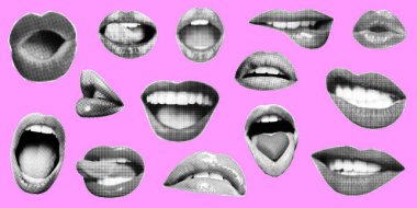 Yarım ton dudaklar hazır. Pankart için kolaj ağzı, grafik tasarımı, poster, illüstrasyon. Çığlık, öpücük, gülümseme, dil, ağız. Klasik pop sanat tarzı retro. Vektör illüstrasyonu